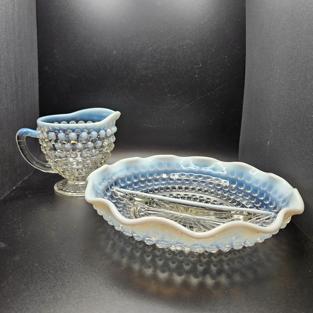 Vintage Blue Opalescent Hobnail Creamer Cup & Divided Scalloped‎ Bowl